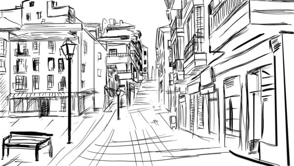Drawing of a street with buildings Drawing of a street with buildings