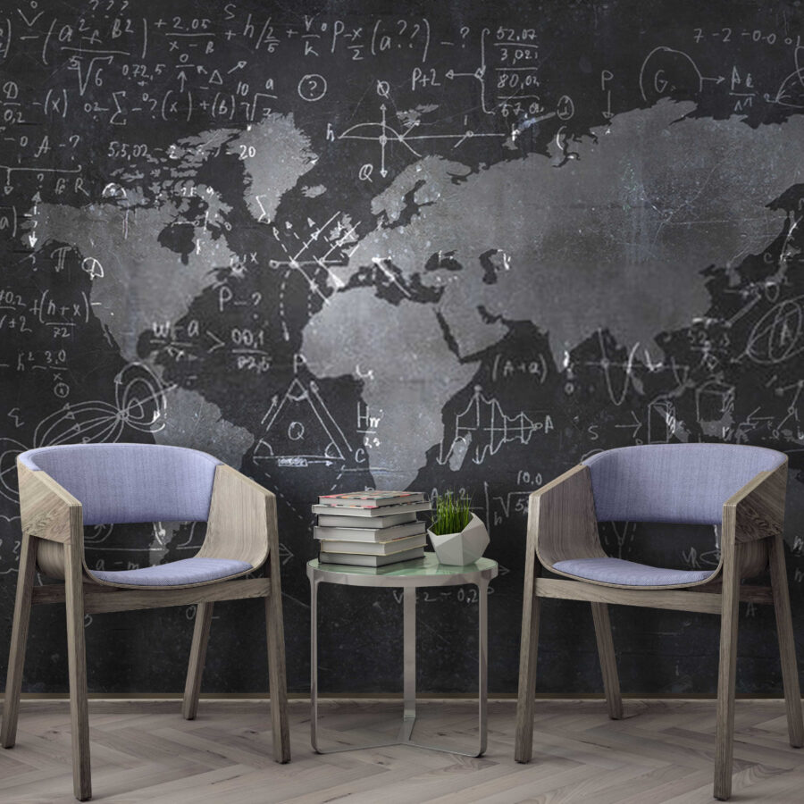 Tabuľa s mapou a matematickými rovnicami Tabuľa s mapou a matematickými rovnicami