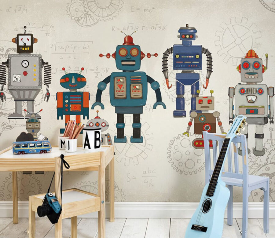 Skupina robotov s matematickými rovnicami