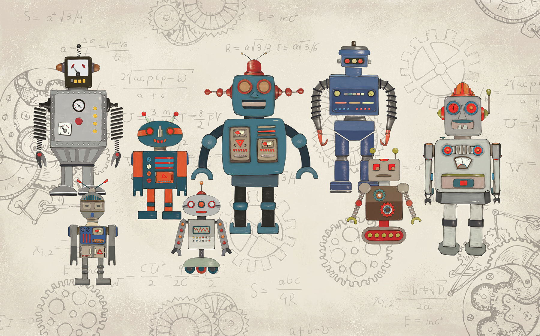 Group of robots with math equations