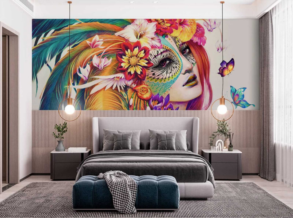 Woman with colorful feathers and flowers Woman with colorful feathers and flowers