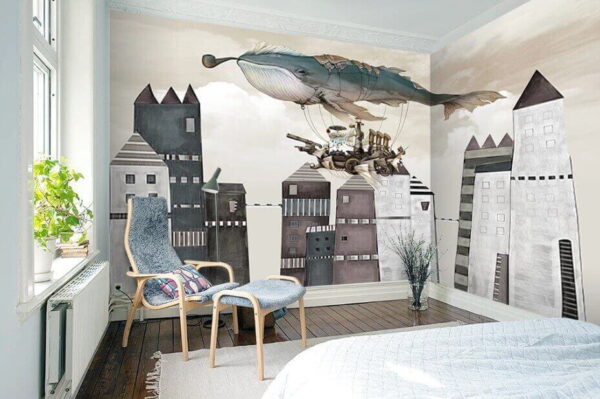 Veľryba letiaca nad mestom Fototapety Veľryba letiaca nad mestom