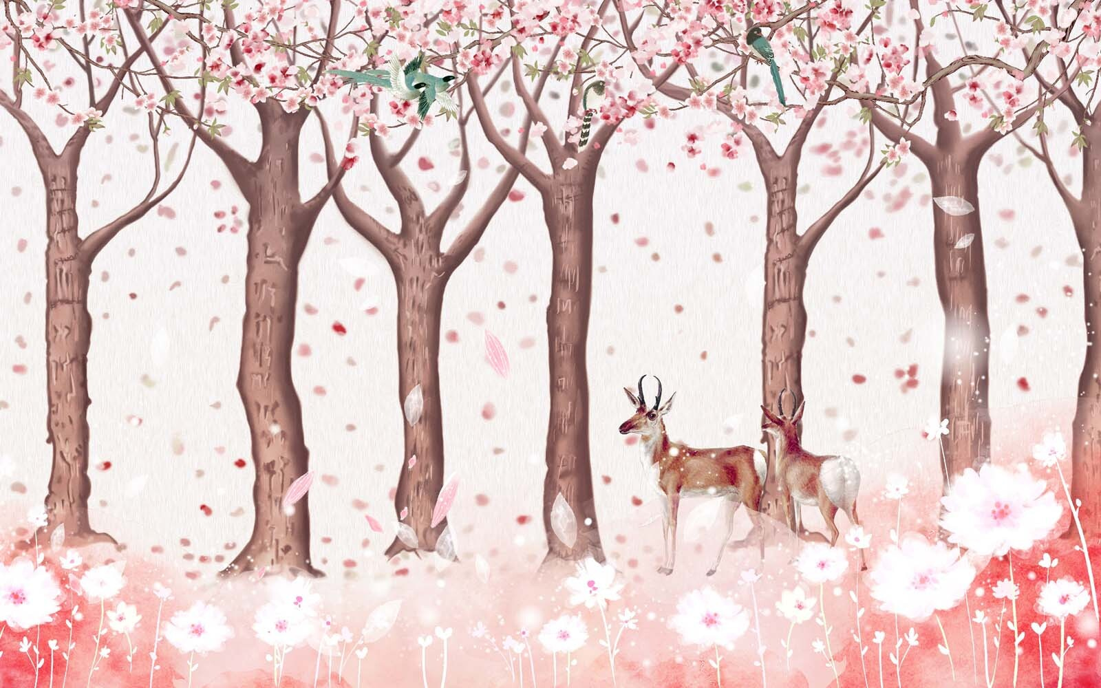 Skupina stromov s kvetmi a vtákmi u44137p - Skupina stromov s kvetmi a vtákmi - tegory