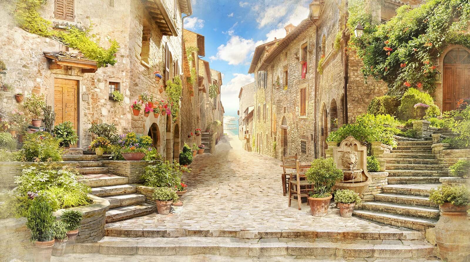 Stone street with stone buildings and plants