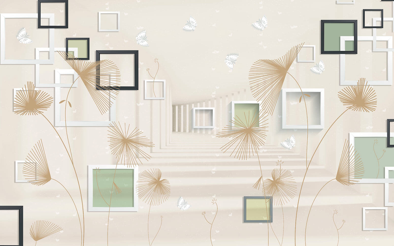 u40860p - Tapety s bielymi a hnedými kvetmi a motýľmi - tegory