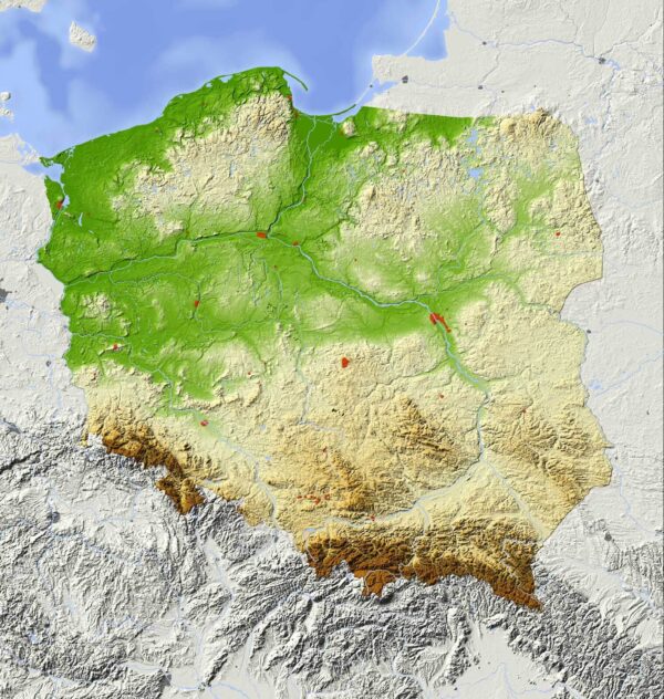 Mapa Poľska s pevninou a vodou Mapa Poľska s pevninou a vodou