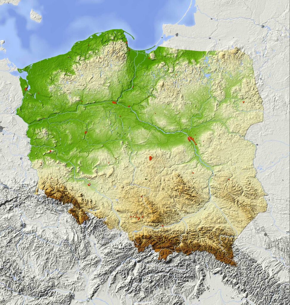 Mapa Poľska s pevninou a vodou Mapa Poľska s pevninou a vodou