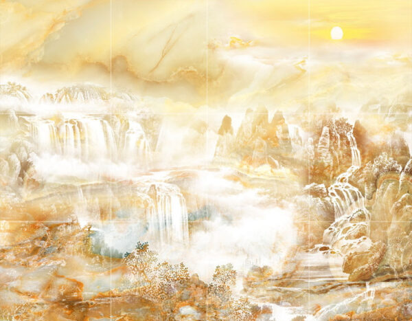 Wall murals Painting of a waterfall and mountains Wall murals Painting of a waterfall and mountains