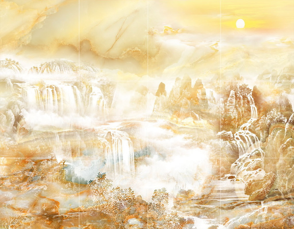 Wall murals Painting of a waterfall and mountains Wall murals Painting of a waterfall and mountains