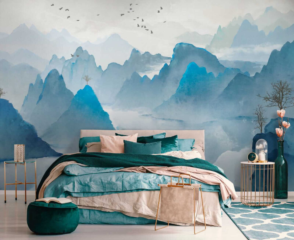 Watercolor painting of mountains and birds Watercolor painting of mountains and birds