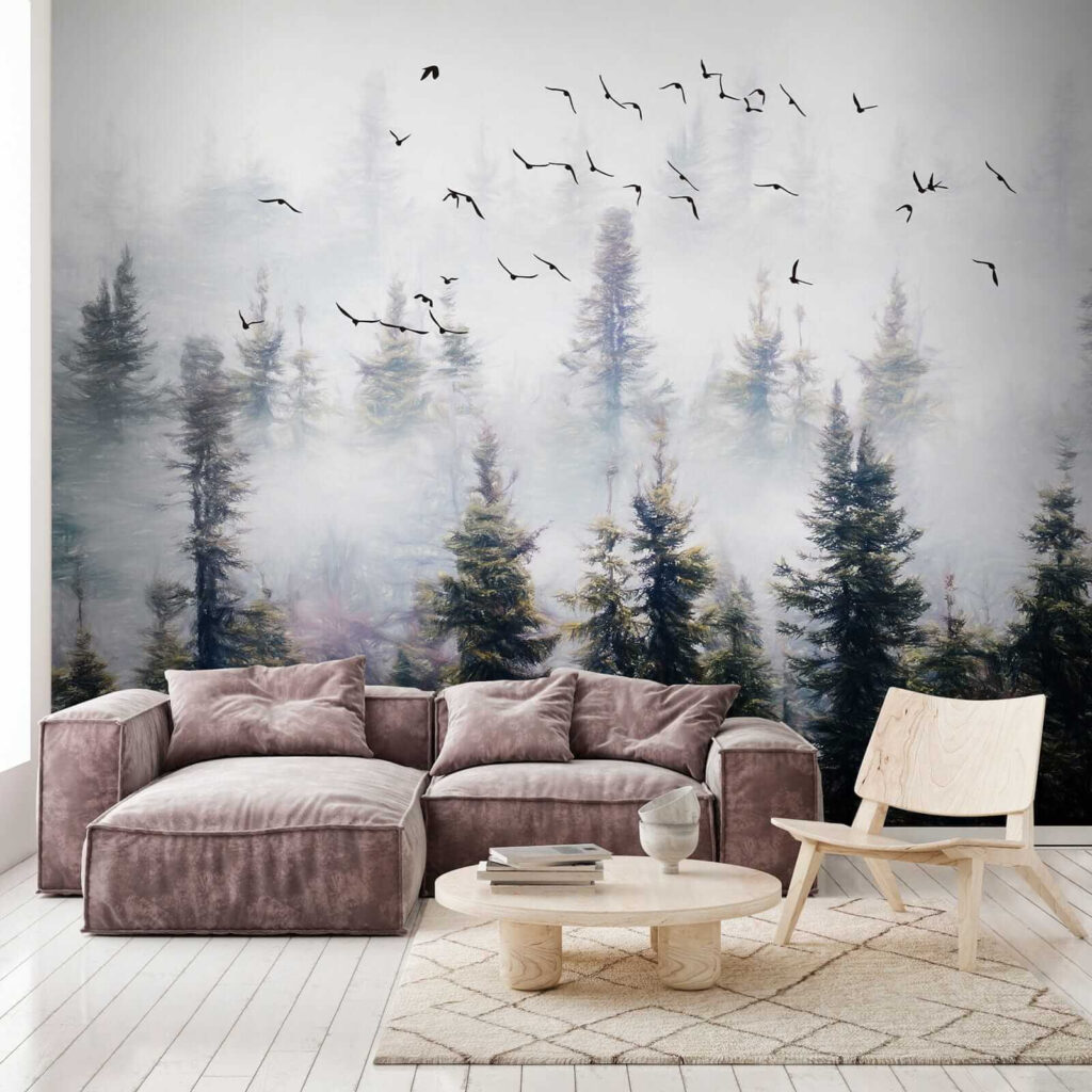 Birds flying in the sky over trees