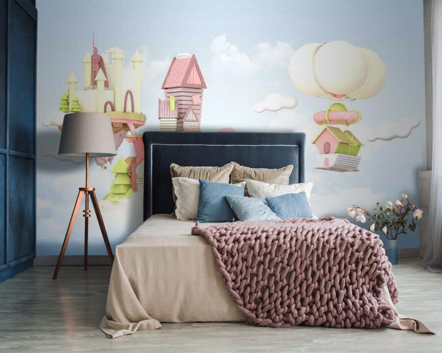 Wall murals Cartoon houses floating in the sky