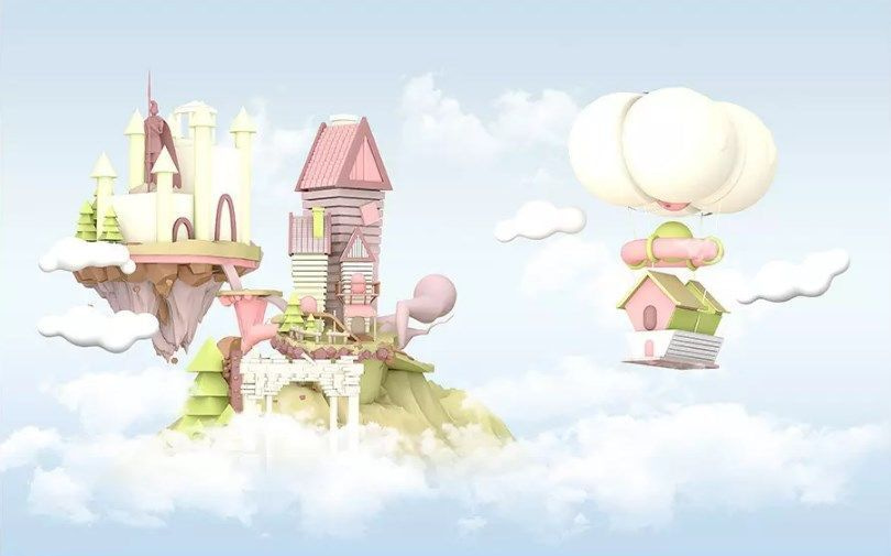Wall murals Cartoon houses floating in the sky