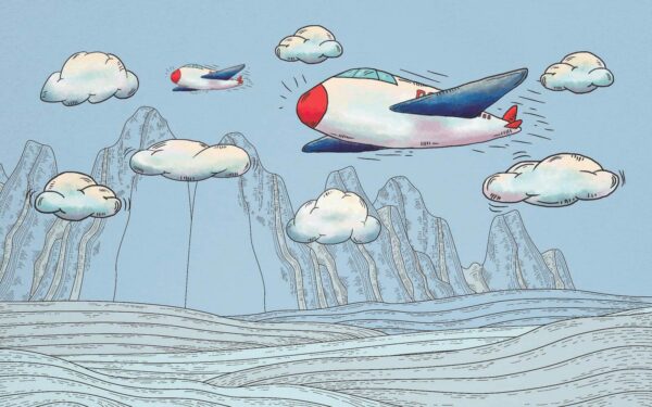 Karikatúra lietadiel letiacich nad horami Karikatúra lietadiel letiacich nad horami