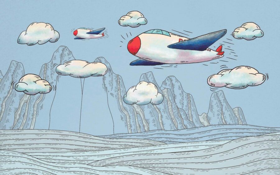 Karikatúra lietadiel letiacich nad horami Karikatúra lietadiel letiacich nad horami