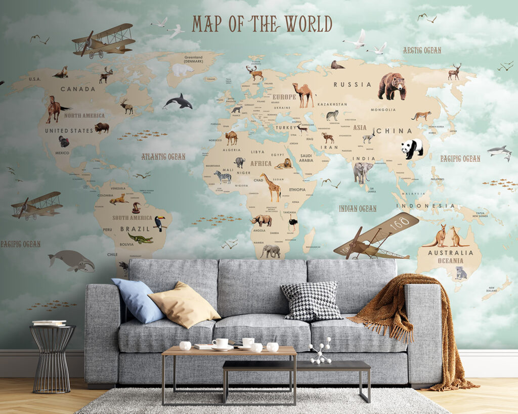Map of the world with animals Map of the world with animals