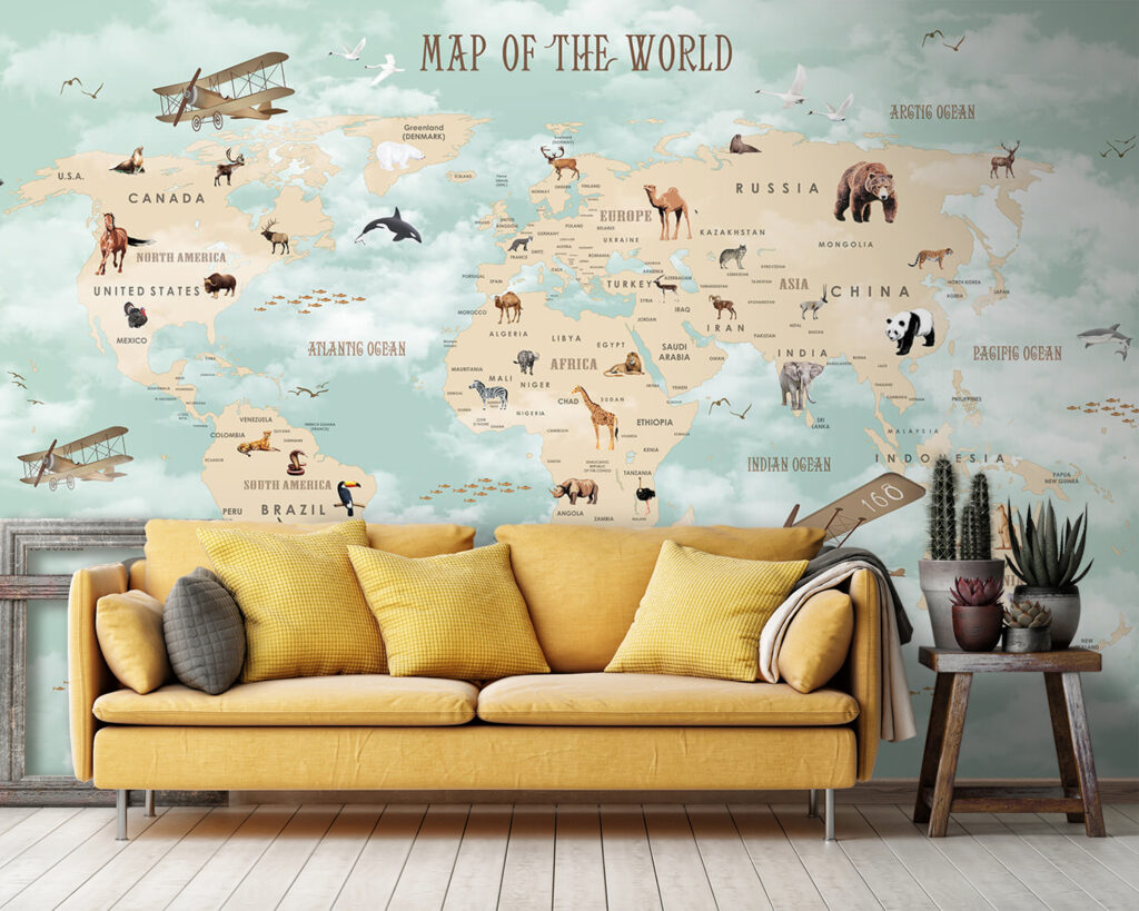 Map of the world with animals Map of the world with animals