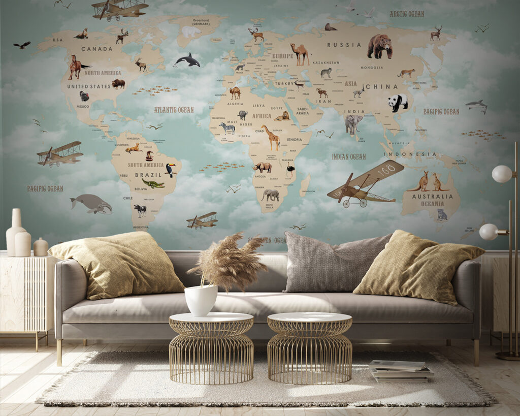 Map of the world with animals Map of the world with animals