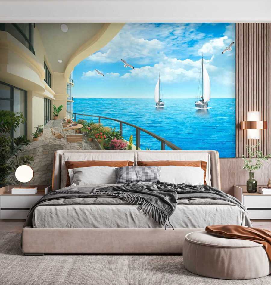 Fototapety Balkón s výhľadom na oceán a lode - Image 2