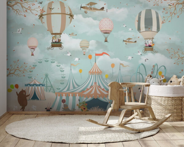 Circus tent with hot air balloons and birds