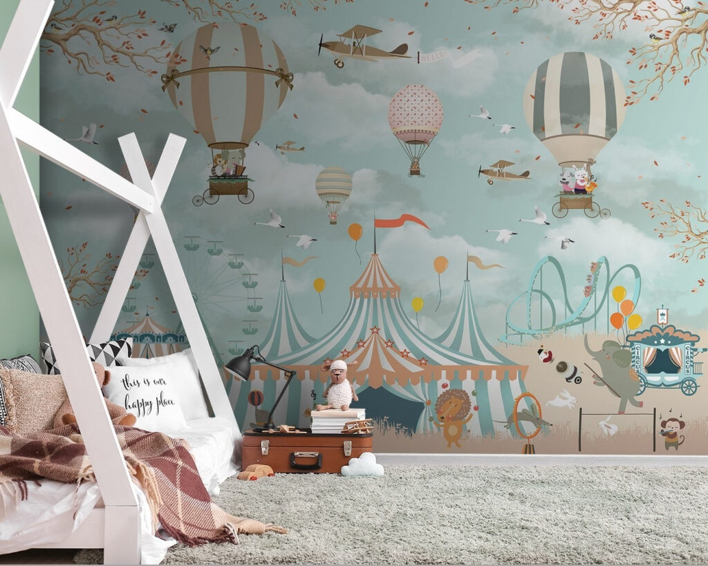 Circus tent with hot air balloons and birds