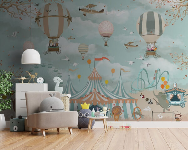 Circus tent with hot air balloons and birds