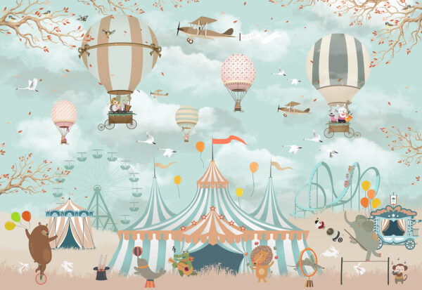 Circus tent with hot air balloons and birds
