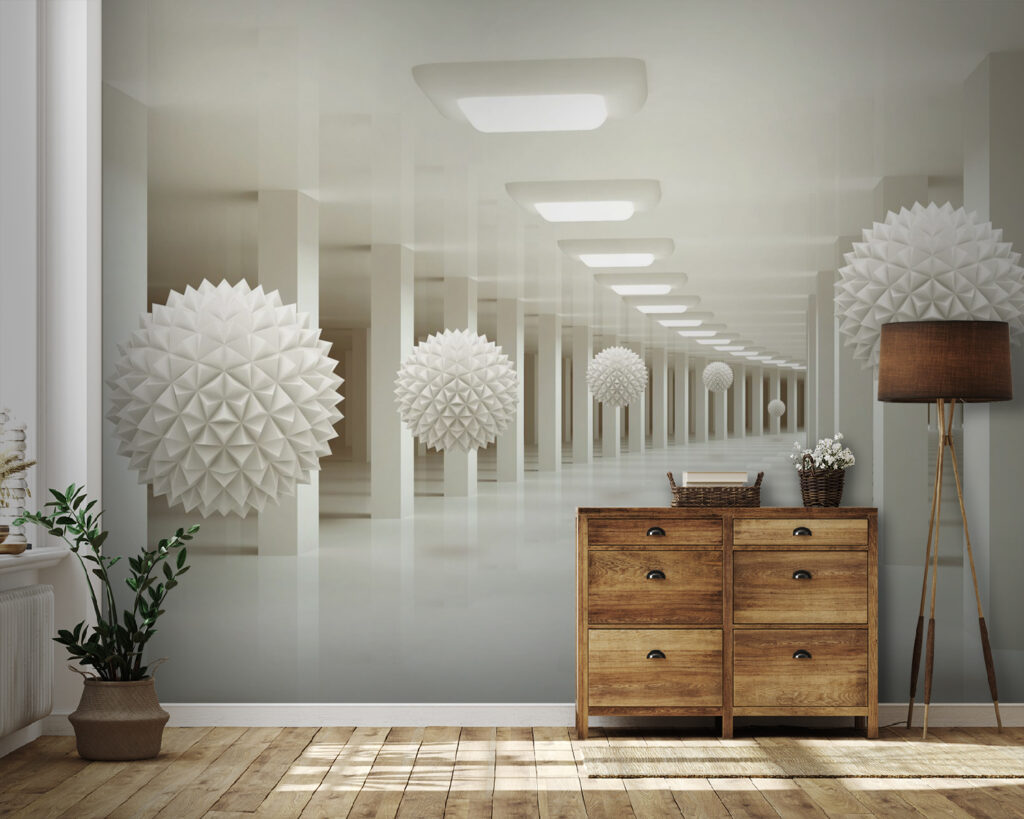 White room with white balls from the ceiling