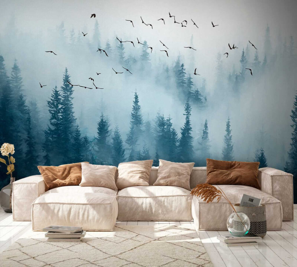 Birds flying over a forest