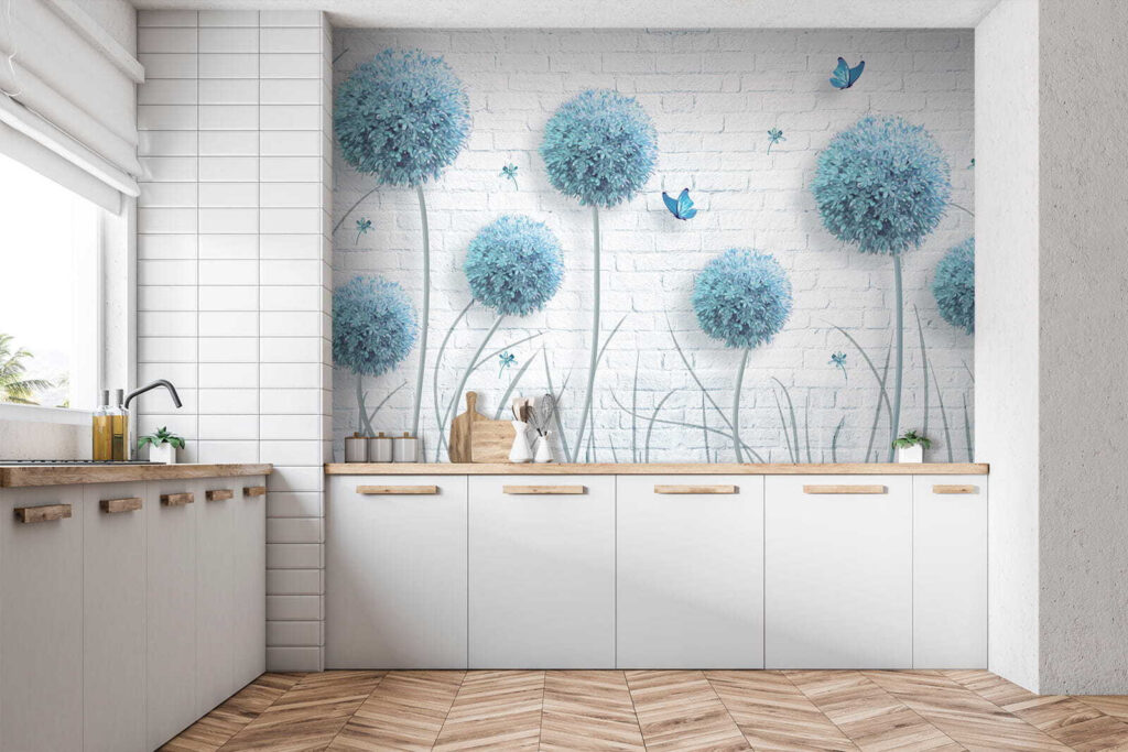 Wallpaper with blue flowers and butterflies