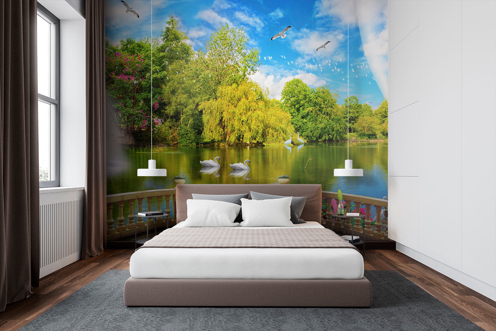 Pohľad na rybník s vtákmi a stromami u18753pib2m - Pohľad na rybník s vtákmi a stromami - tegory