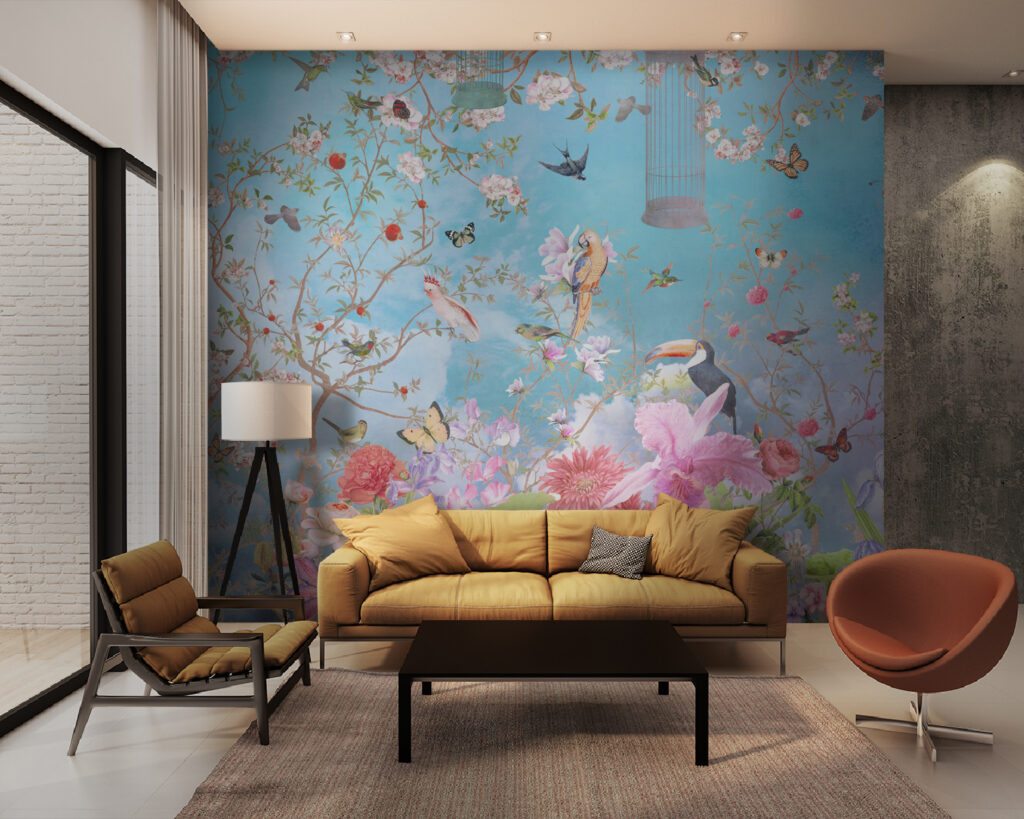 Wallpaper with birds and flowers