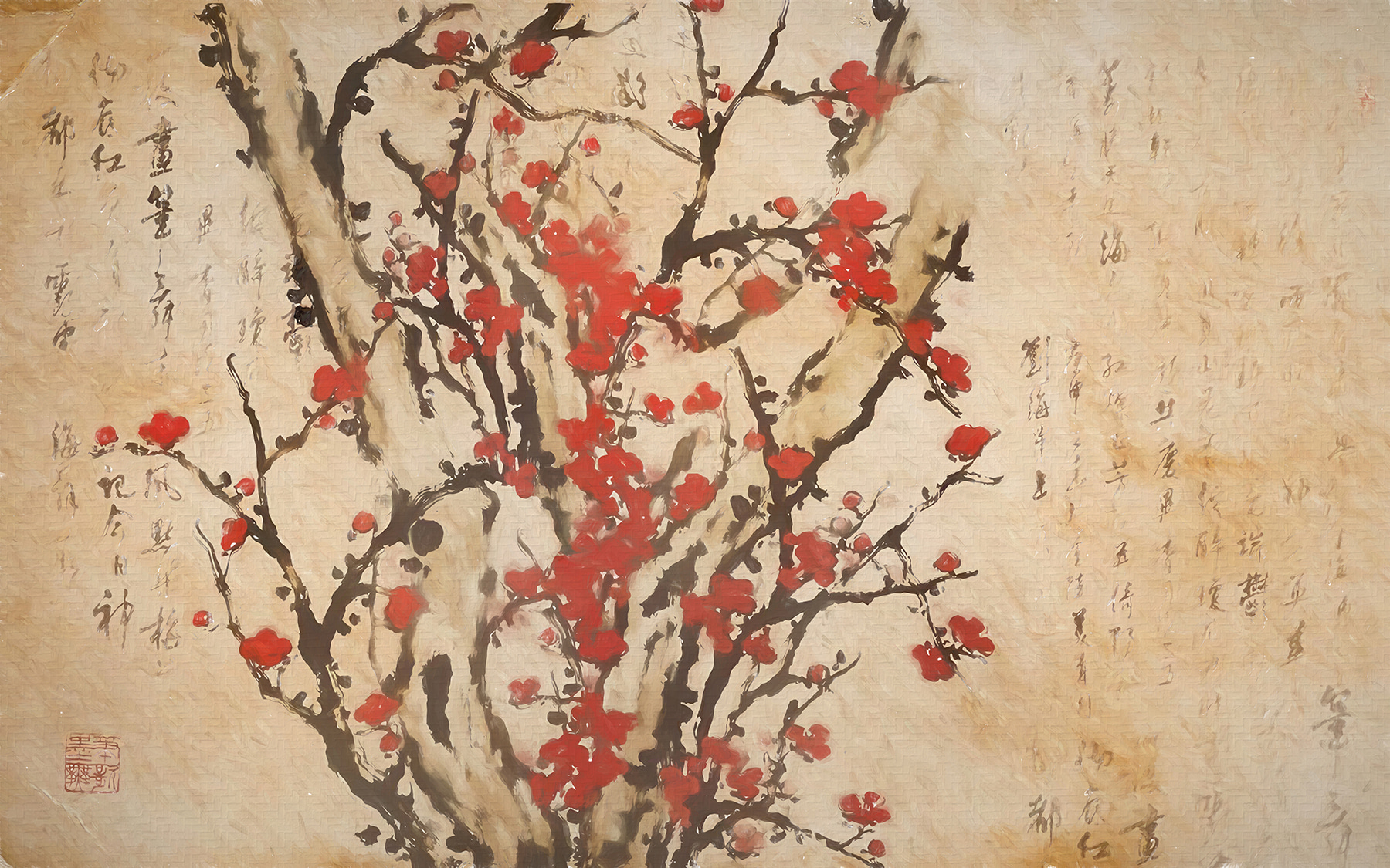 Maľba stromu s červenými kvetmi u10425p - Maľba stromu s červenými kvetmi - tegory