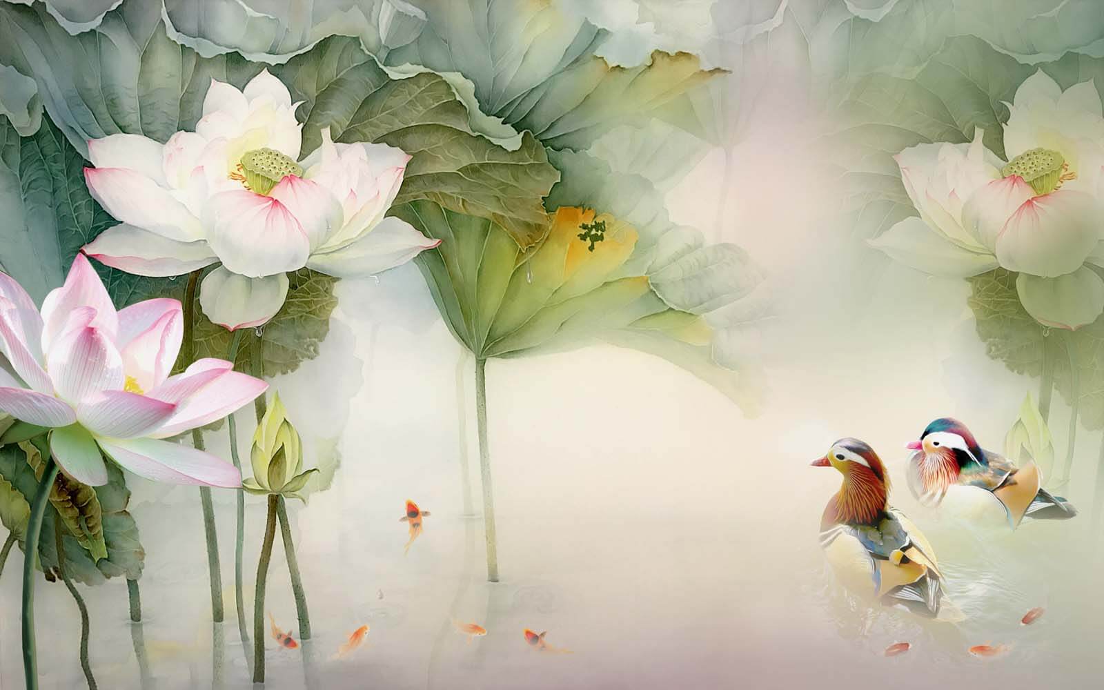 Maľba kačice plávajúcej v rybníku s kvetmi u10109p - Maľba kačice plávajúcej v rybníku s kvetmi - tegory