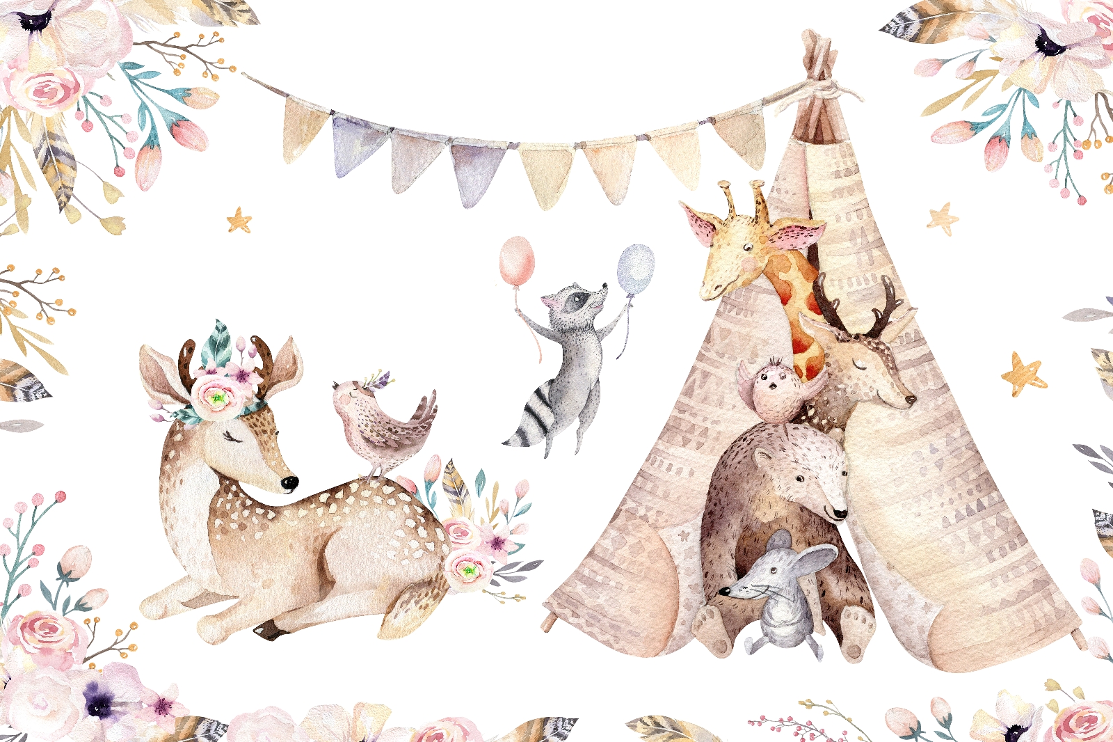 Group of animals with a teepee Group of animals with a teepee