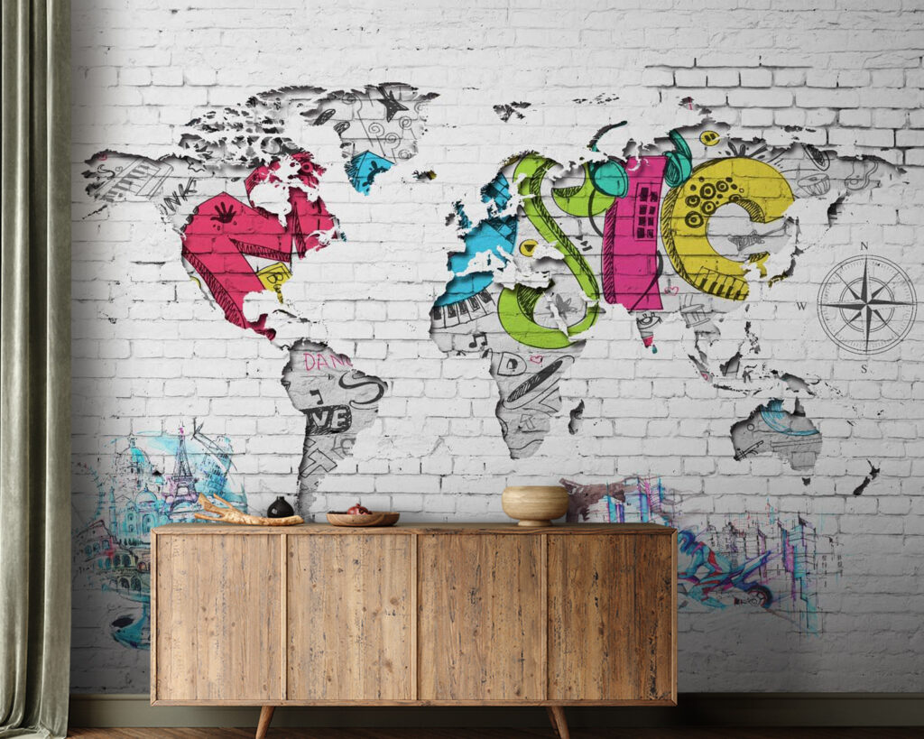 Map of the world painted on a brick wall Map of the world painted on a brick wall