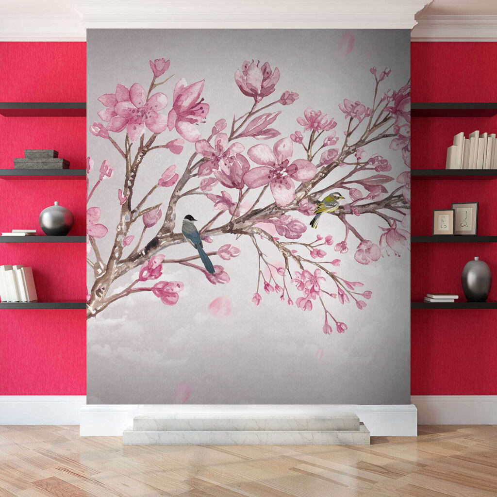 Painting of a branch with pink flowers and birds Painting of a branch with pink flowers and birds