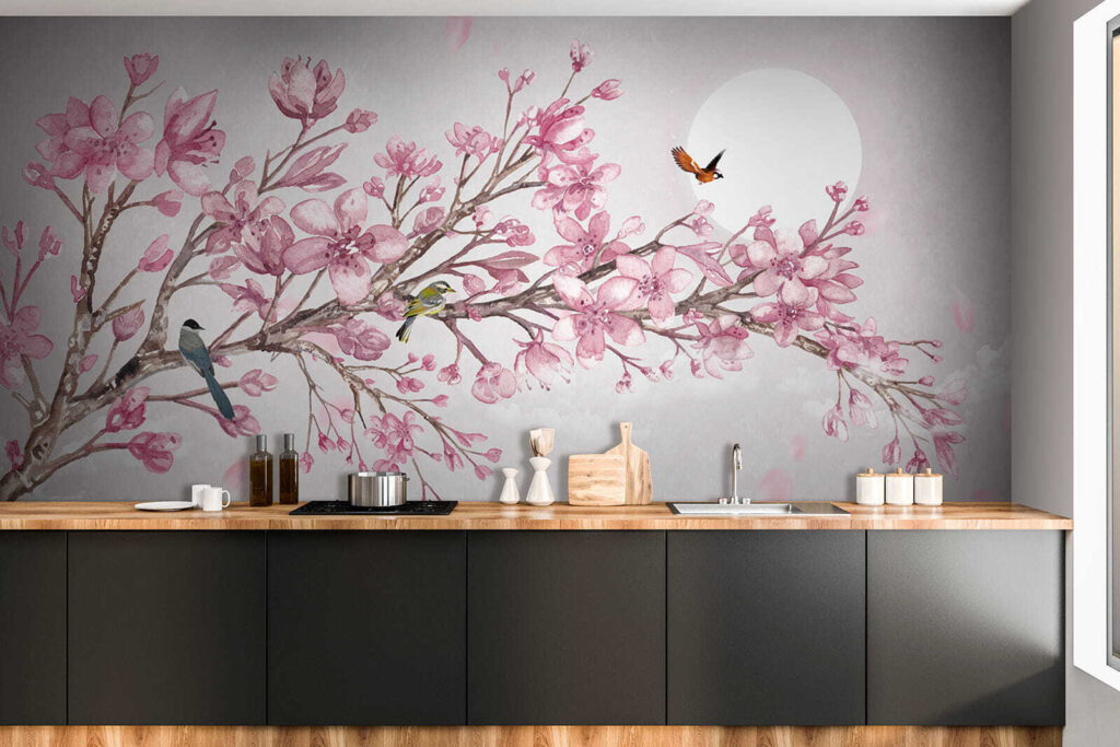 Painting of a branch with pink flowers and birds Painting of a branch with pink flowers and birds