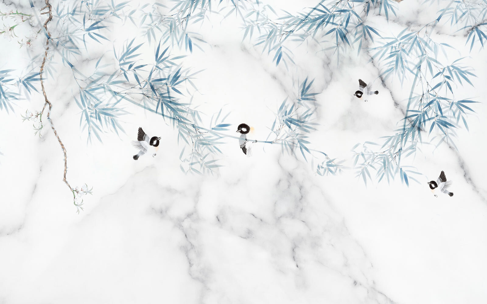 u05360p - Biely mramorový povrch s modrými listami a vtákmi - tegory