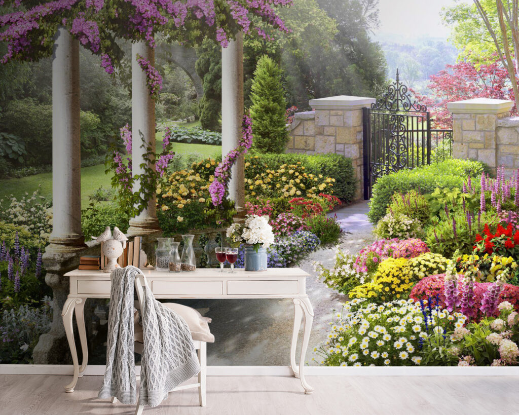 Garden with a gate and flowers