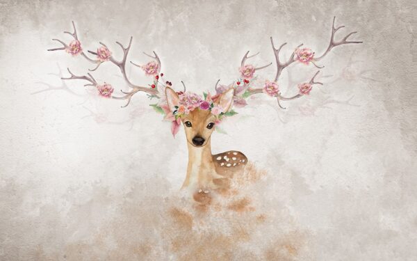 Watercolor of a deer with flowers on horns