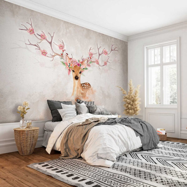 Watercolor of a deer with flowers on horns