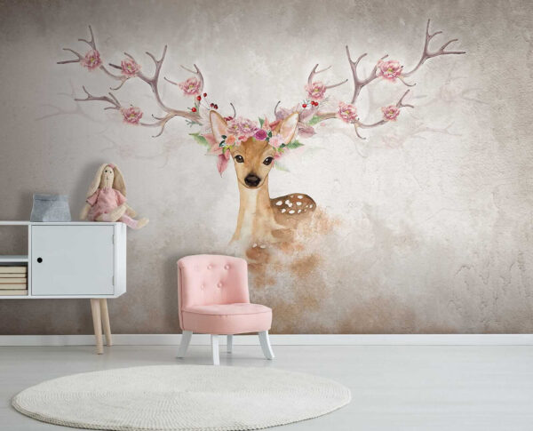 Watercolor of a deer with flowers on horns