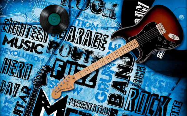 Gitara a záznam na modrom pozadí Gitara a záznam na modrom pozadí