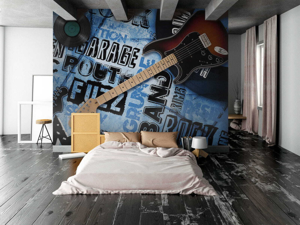 Guitar and record on a blue background Guitar and record on a blue background