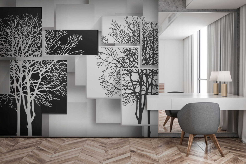 Group of black and white squares with trees on them