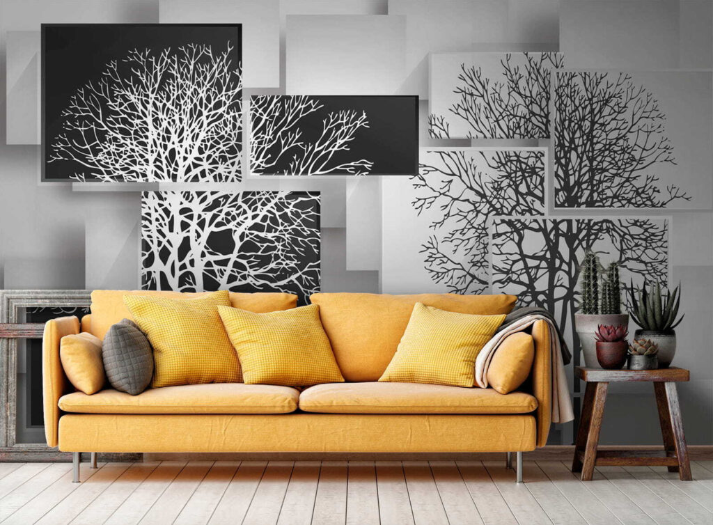 Group of black and white squares with trees on them