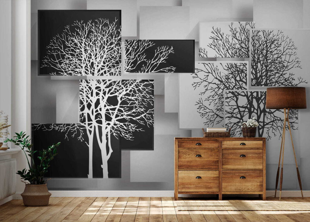 Group of black and white squares with trees on them