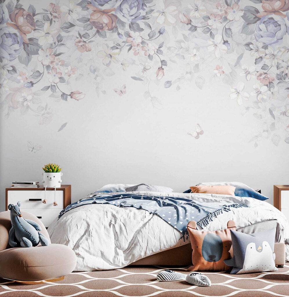 White background with flowers and butterflies White background with flowers and butterflies