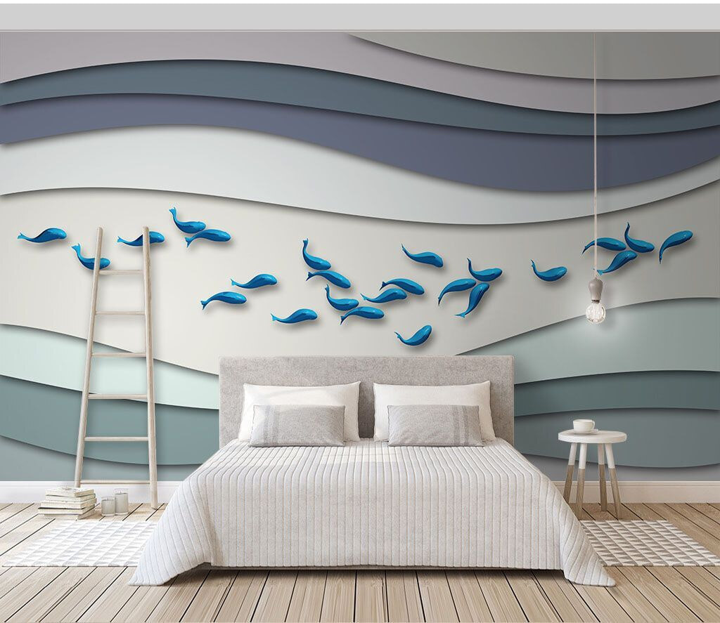 u15318pib1m - Skupina modrých rýb plávajúcich v skupine vĺn - tegory